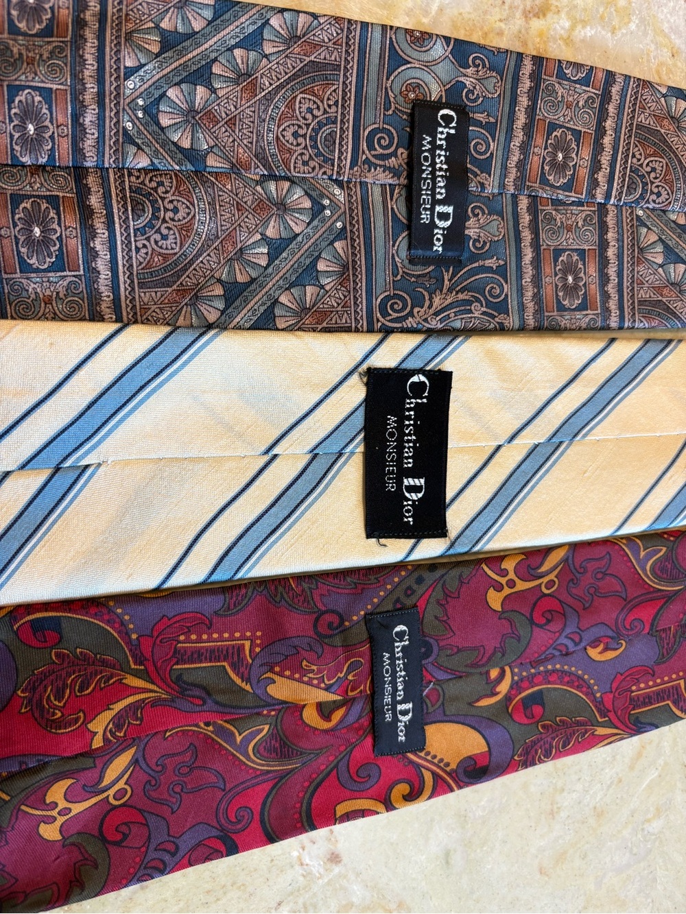 Vintage Dior Men's Tie Trio in Blue, Beige and Red Paisley